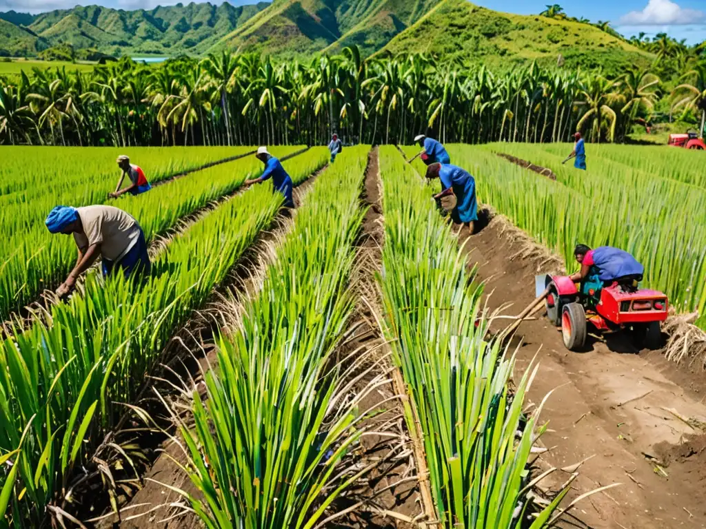 Un paisaje exuberante en Fiji, con trabajadores cosechando caña de azúcar