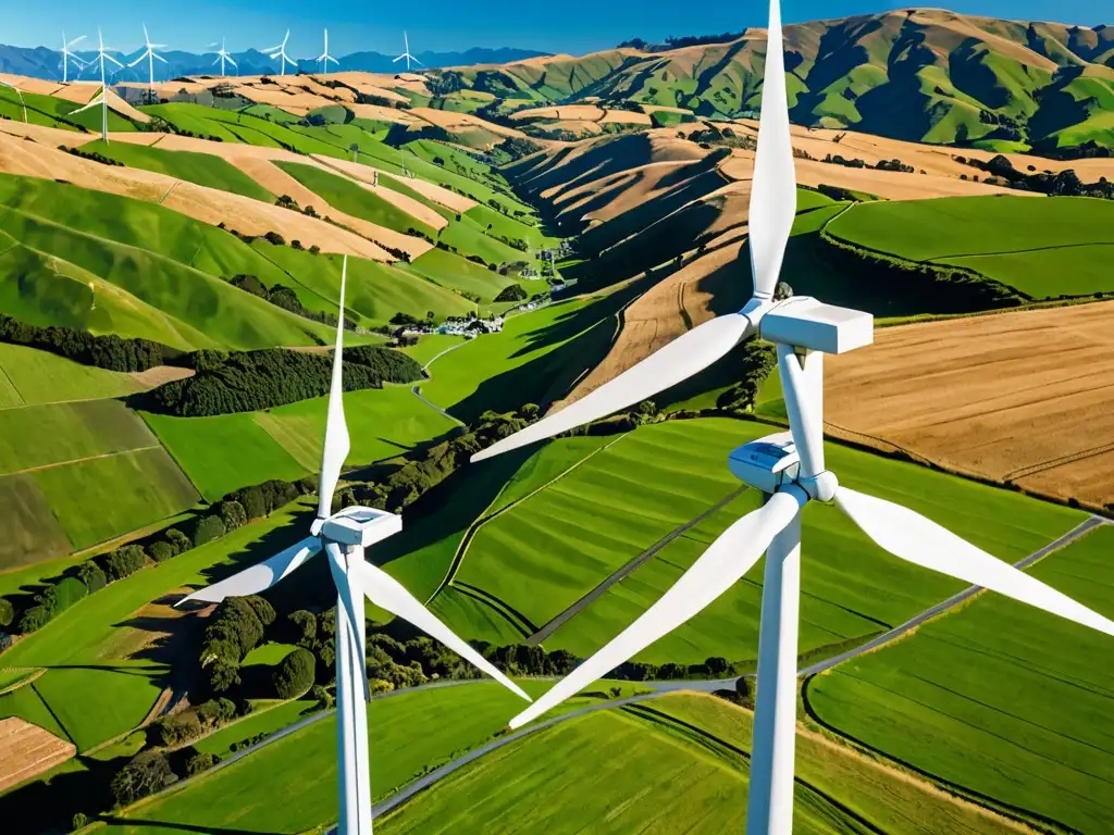 Un paisaje exuberante de Nueva Zelanda con colinas verdes, cielo azul y molinos de viento