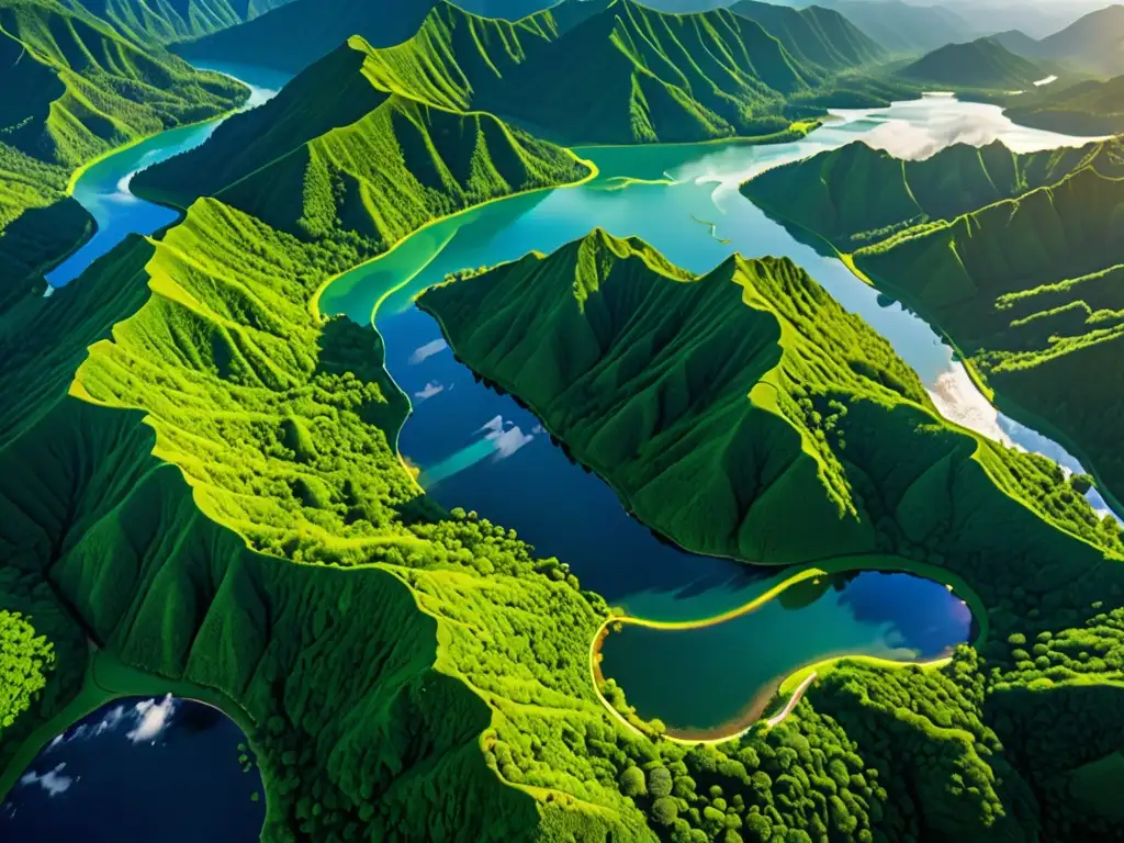 Un paisaje exuberante y sereno con ríos sinuosos, bosques frondosos y montañas majestuosas