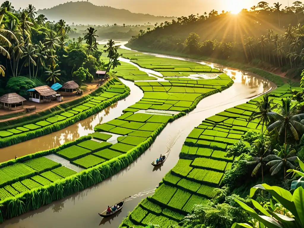 Paisaje exuberante de Sri Lanka, ríos serpenteantes, pescadores locales navegando