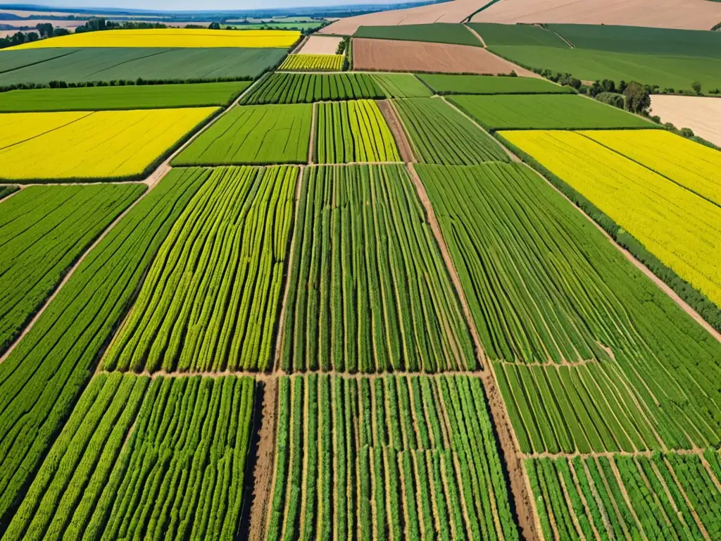 Un paisaje agrícola exuberante y sostenible con cultivos vibrantes y prácticas agrícolas eficientes