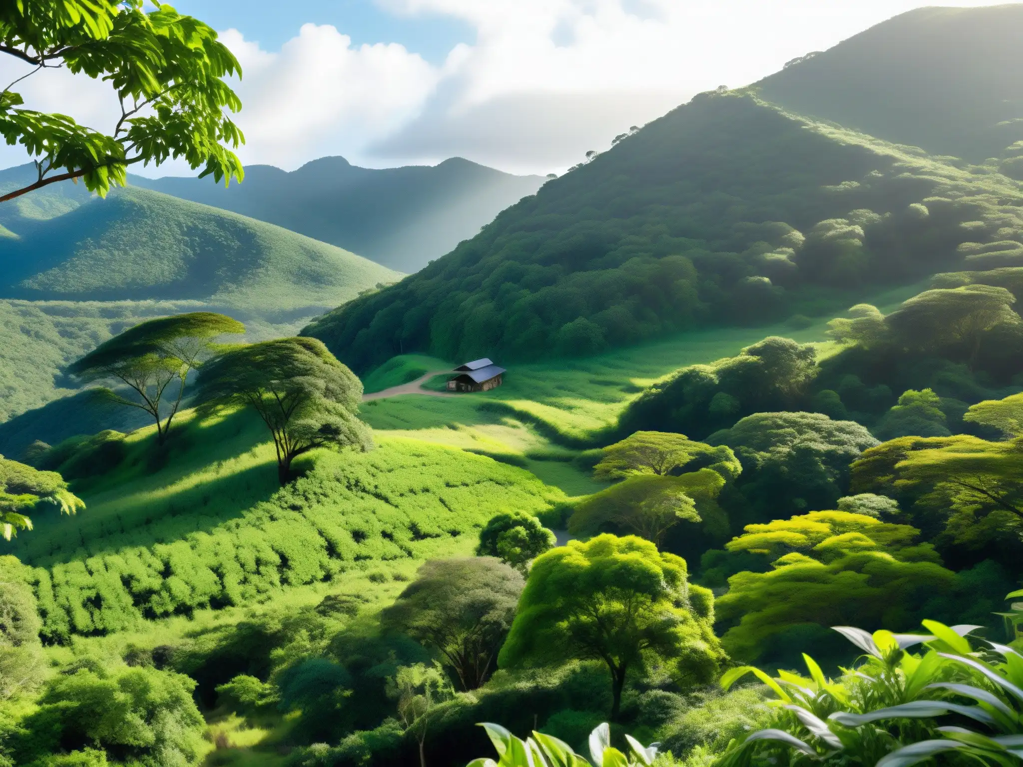 Un paisaje exuberante y vibrante de un área protegida, con colinas cubiertas de vegetación densa