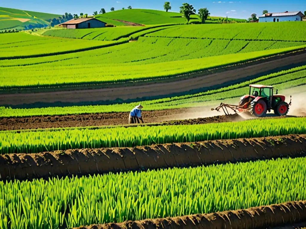 Un paisaje agrícola exuberante y vibrante con prácticas sostenibles, reflejando la armonía entre subsidios agrícolas y sustentabilidad ambiental