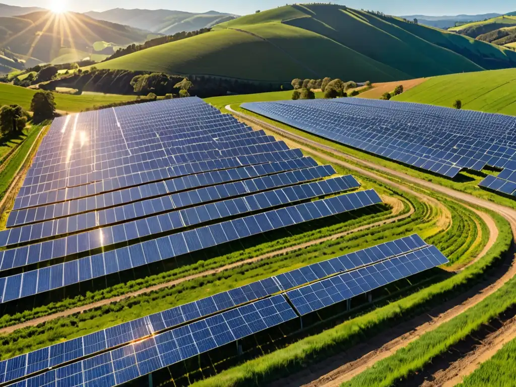 Un paisaje de granja solar con paneles fotovoltaicos brillando bajo el sol, integrados en colinas