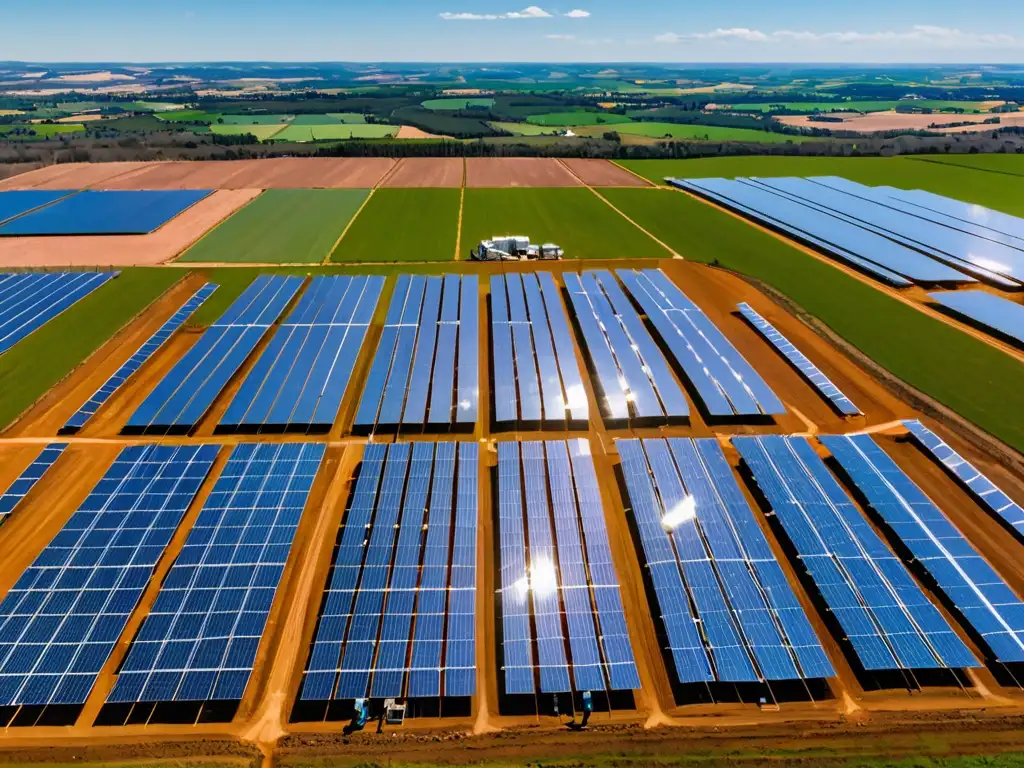 Un paisaje de granja solar con paneles brillantes y técnicos inspeccionando