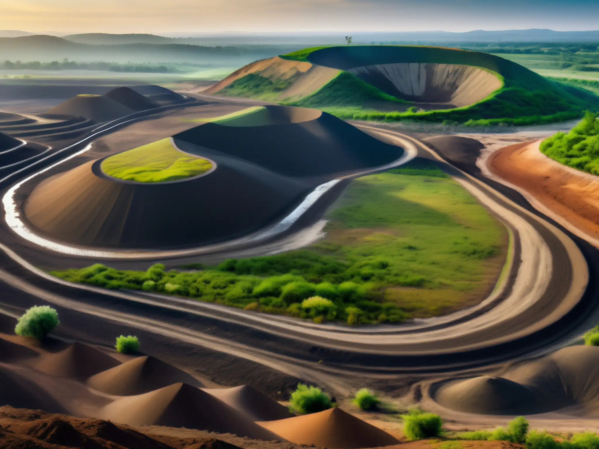 Un paisaje impactante que muestra el contraste entre un vertedero y hábitats naturales, resaltando el impacto de la ley de residuos sólidos