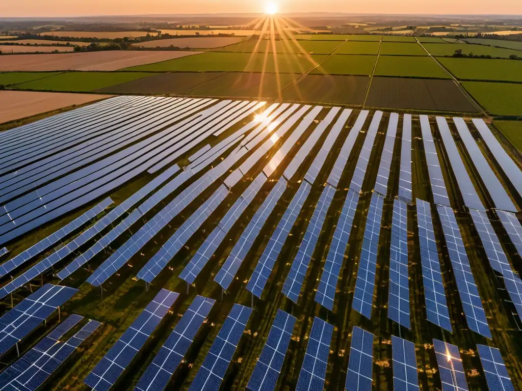 Un paisaje impactante de una granja solar al atardecer, con paneles relucientes y luz dorada