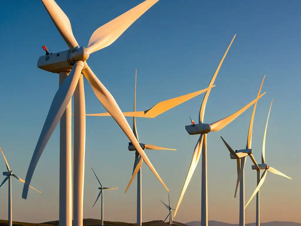 Un paisaje impresionante con un gran molino de viento girando en un cielo azul, transmitiendo armonía entre energía eólica y naturaleza