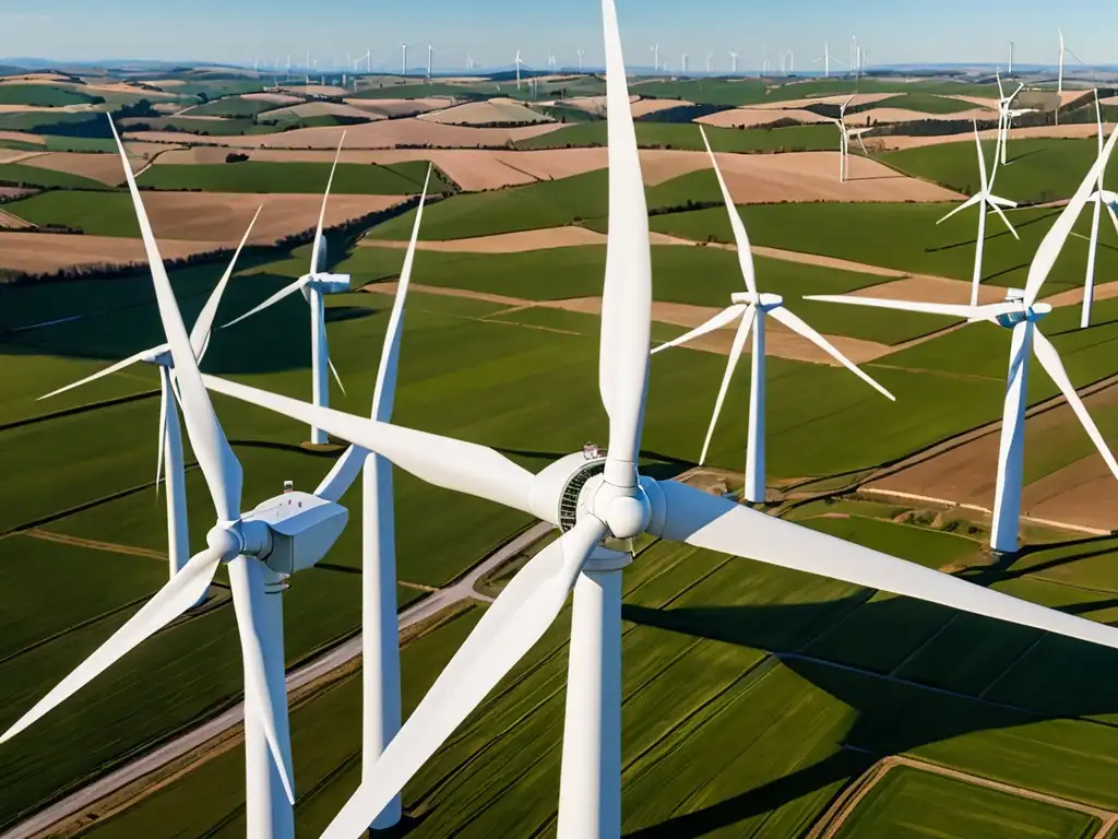 Un paisaje impresionante de un gran parque eólico en el campo, con tecnología eólica moderna en armonía con la naturaleza