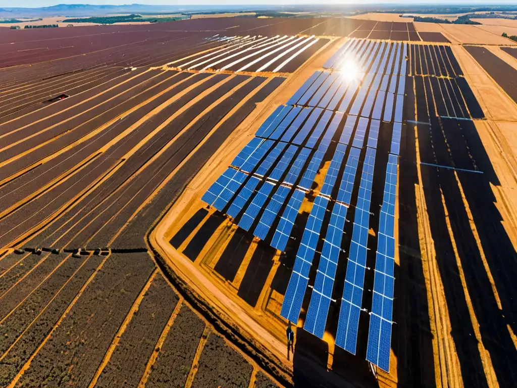 Un paisaje impresionante de una granja solar con paneles relucientes, ingenieros colaborando y un cielo azul despejado, simbolizando la Cooperación Internacional en Energía Renovable