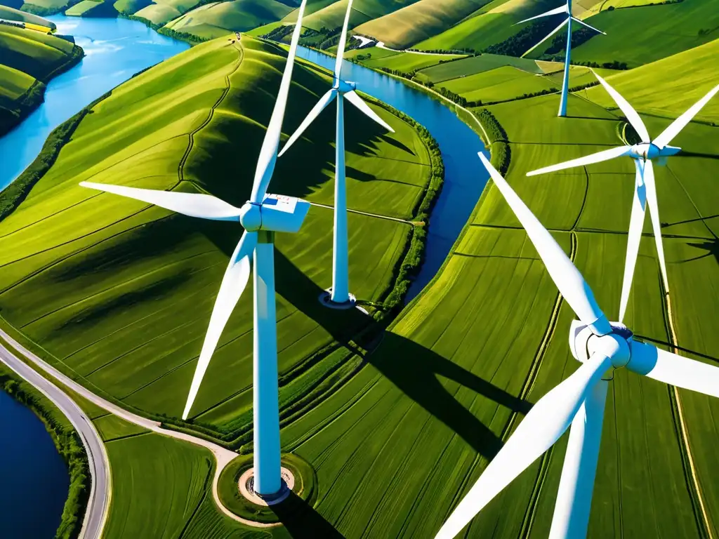 Un paisaje impresionante de un parque eólico en colinas verdes con cielo azul