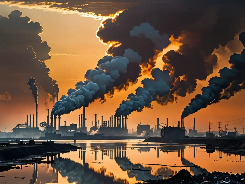 Un paisaje industrial desolador con humo negro y un río contaminado reflejando el sol