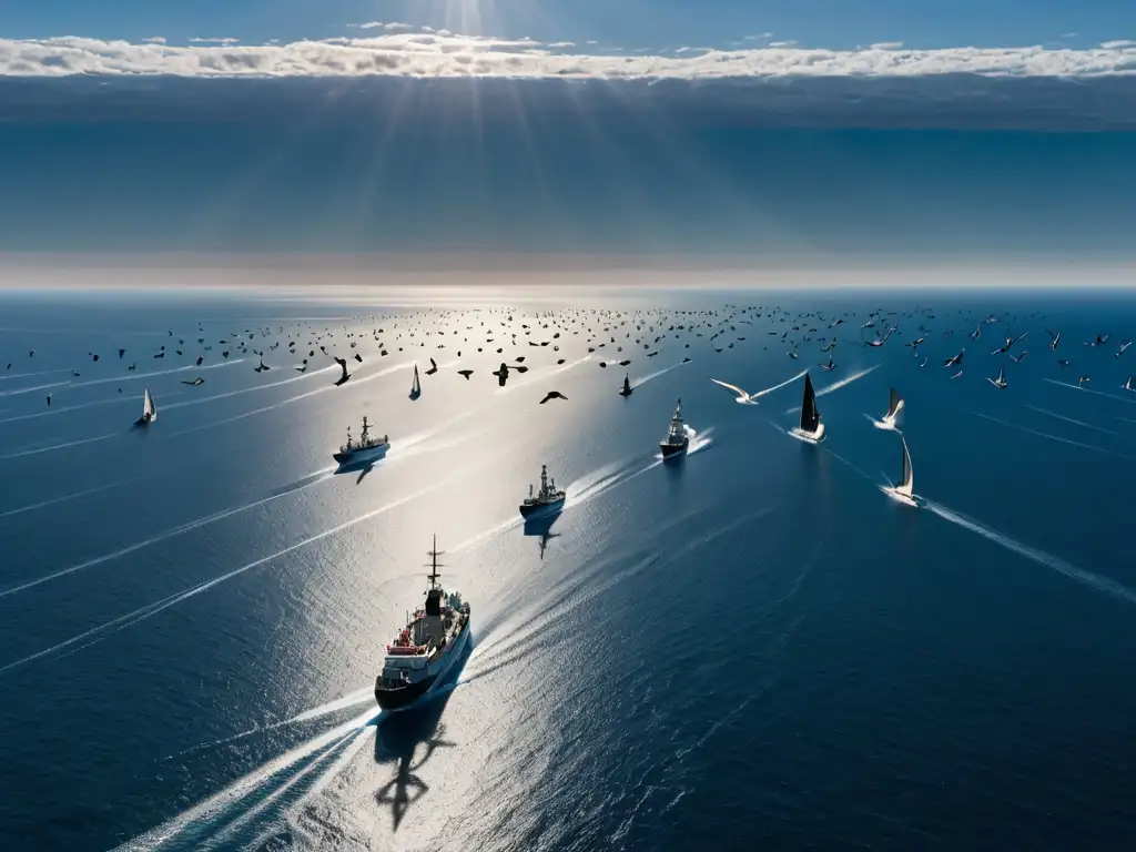 Un paisaje marino impresionante con barcos de vela blanca rodeados de gaviotas, evocando la belleza y grandeza del mar