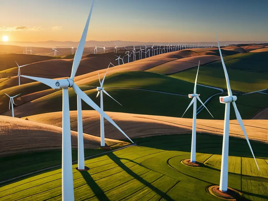 Un paisaje de molinos de viento se yergue contra un atardecer vibrante, simbolizando el derecho de la energía en cambio climático