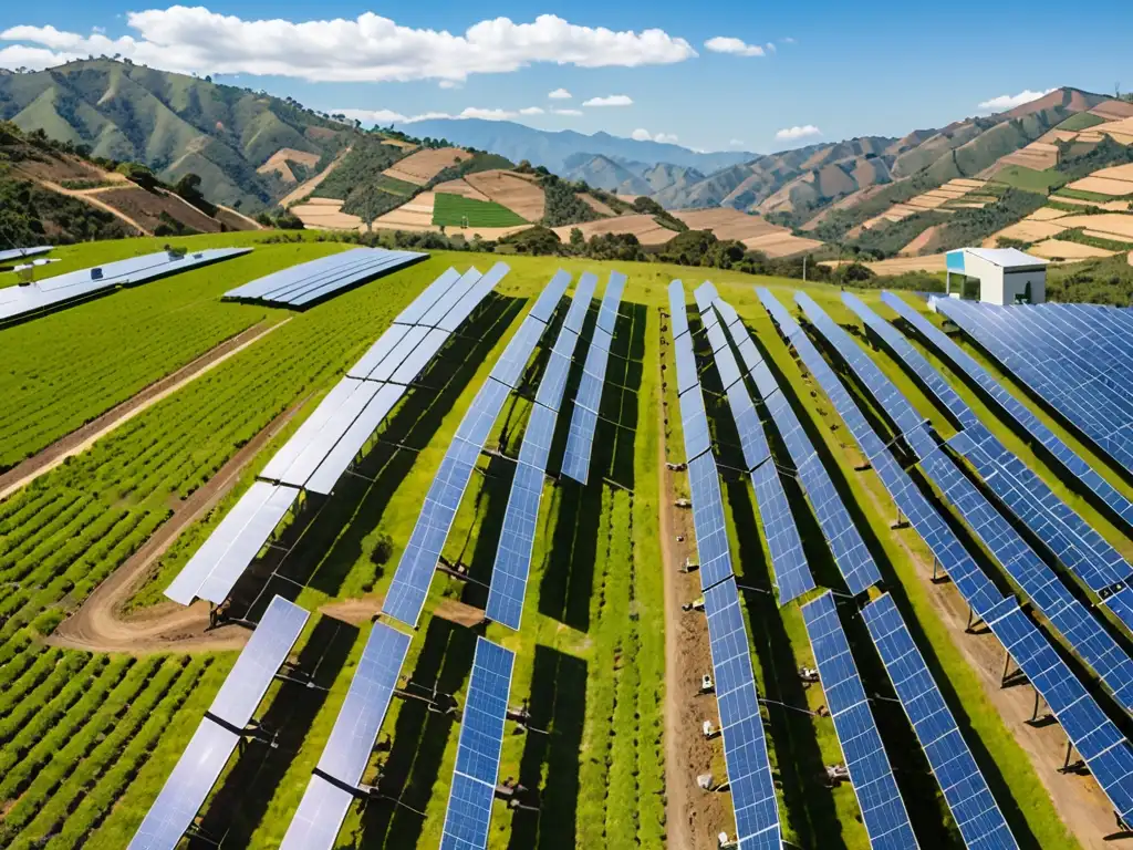 Un paisaje panorámico de una granja solar en las colinas de América Latina