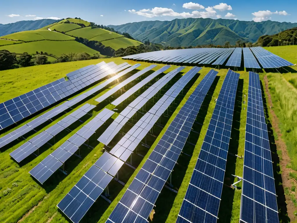 Un paisaje panorámico de paneles solares en armonía con la naturaleza