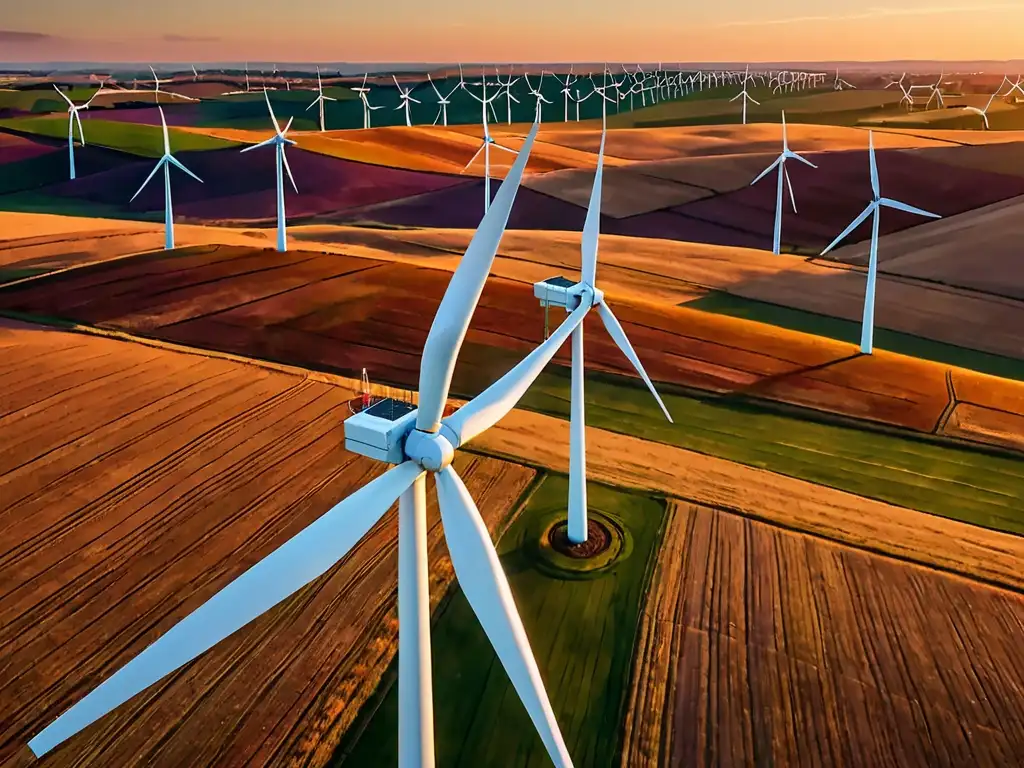 Un paisaje de un parque eólico al atardecer, con filas de altos aerogeneradores en un cielo colorido