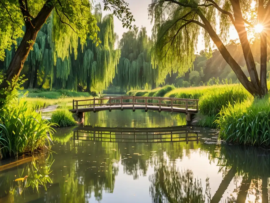 Un paisaje de río sereno y tranquilo durante la hora dorada, con exuberante vegetación reflejada en el agua cristalina