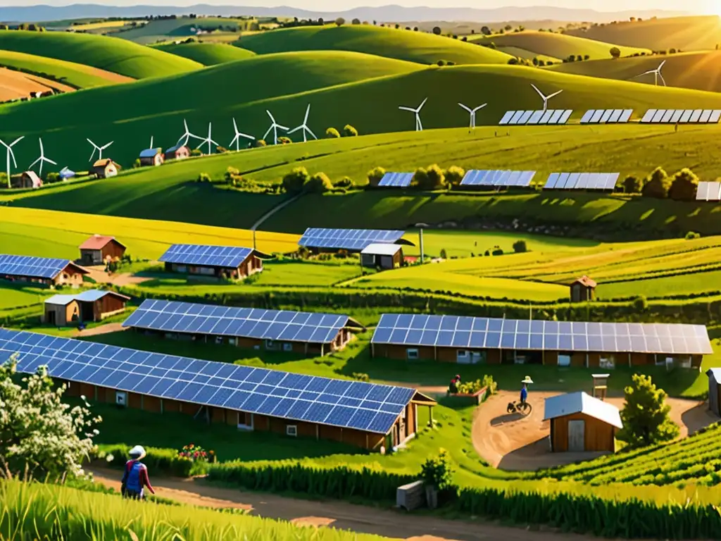 Un paisaje rural con colinas verdes, paneles solares y molinos eólicos