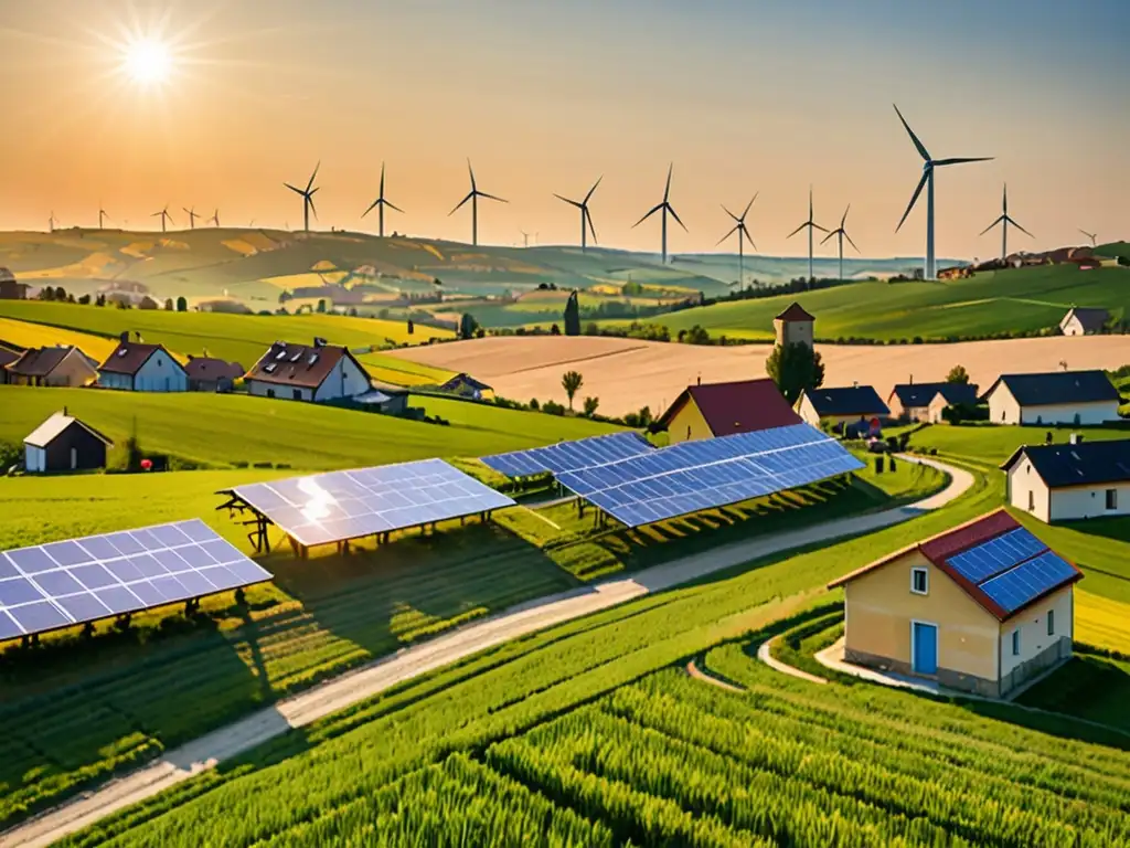 Un paisaje rural europeo con energía renovable y tradición