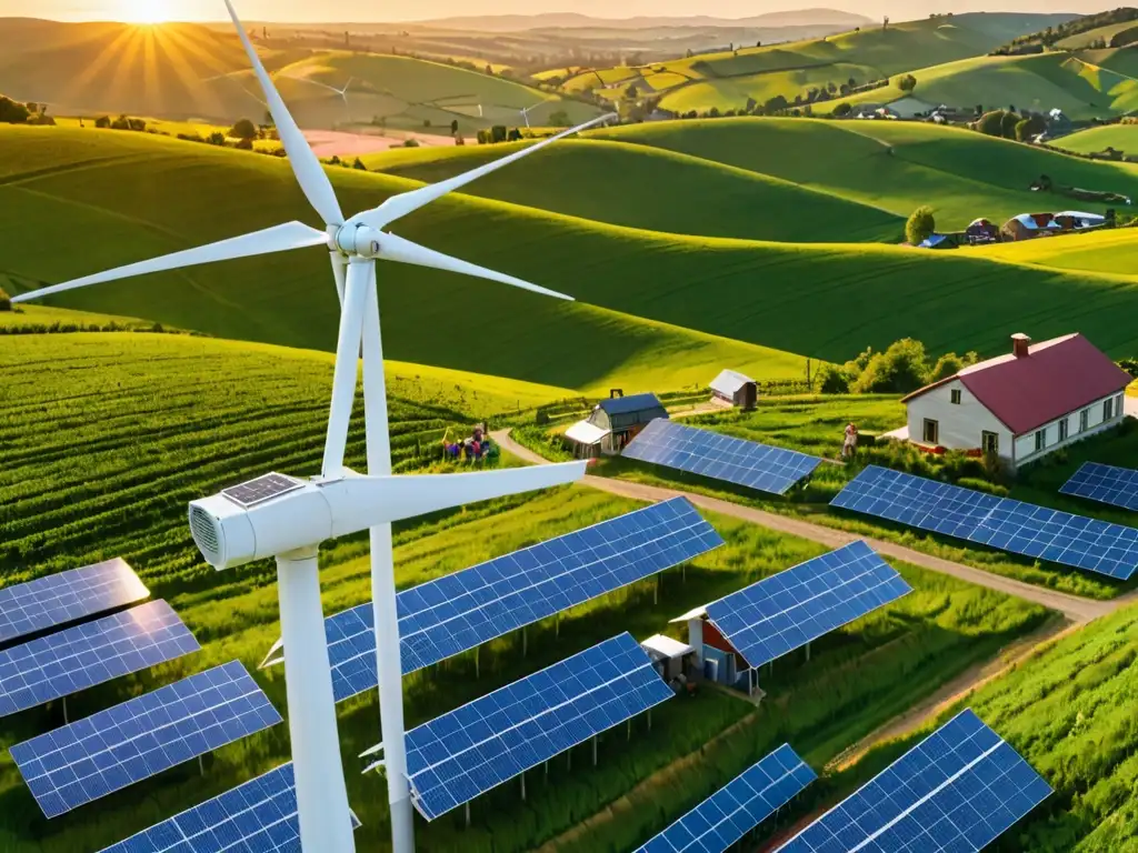 Un paisaje rural con granja solar, molino de viento y comunidad, integrando desarrollo energías renovables impacto local