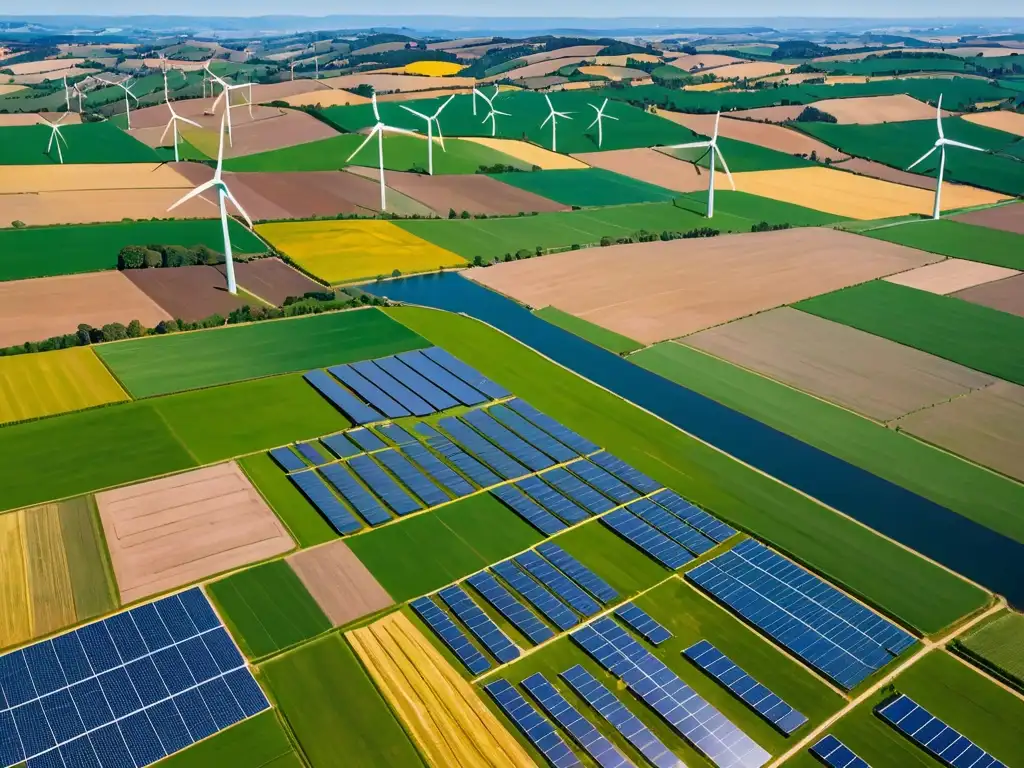 Un paisaje rural impresionante con campos, molinos y paneles solares integrados, bajo un cielo azul brillante