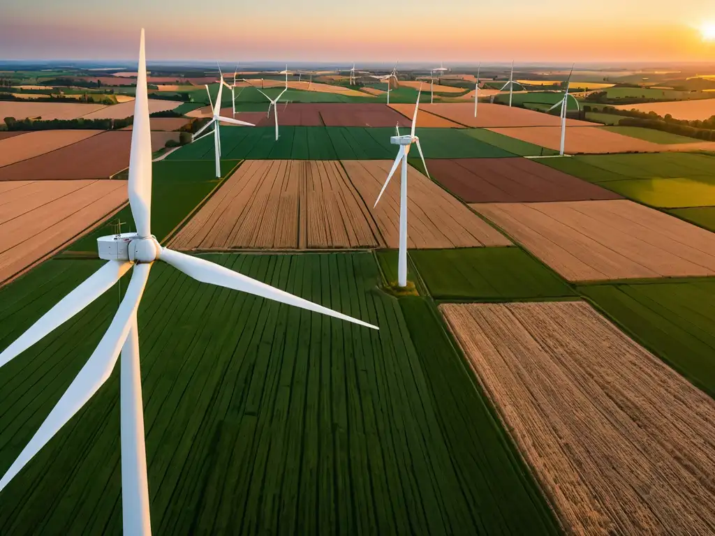 Un paisaje rural con molinos de viento al atardecer, resaltando la fusión de la vida rural tradicional y la tecnología renovable moderna