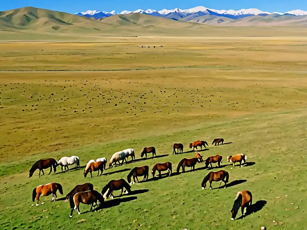 Un paisaje sereno de los extensos pastizales de Mongolia con montañas nevadas al fondo