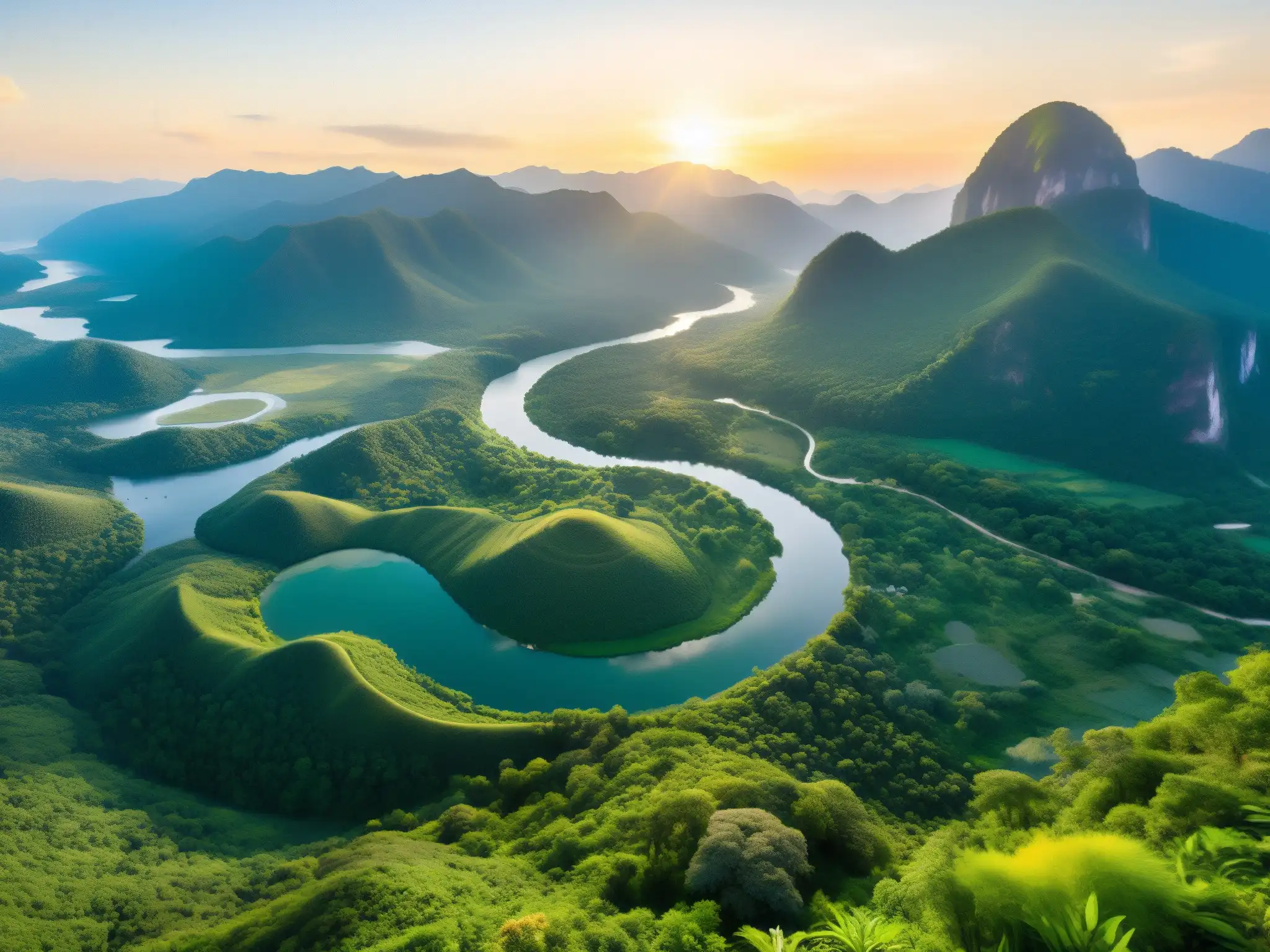 Un paisaje virgen y sereno de una reserva de biosfera verde y exuberante con un río sinuoso, flora vibrante y vida silvestre diversa