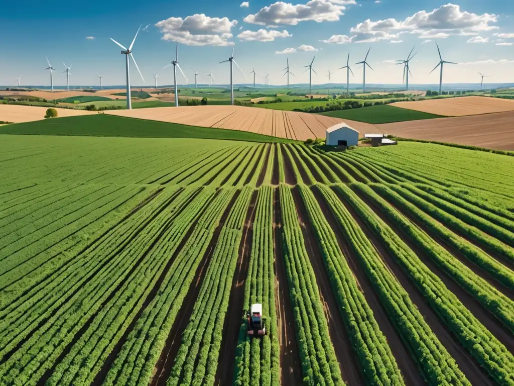 Un paisaje agrícola sereno y soleado con cultivos prósperos y molinos de viento modernos