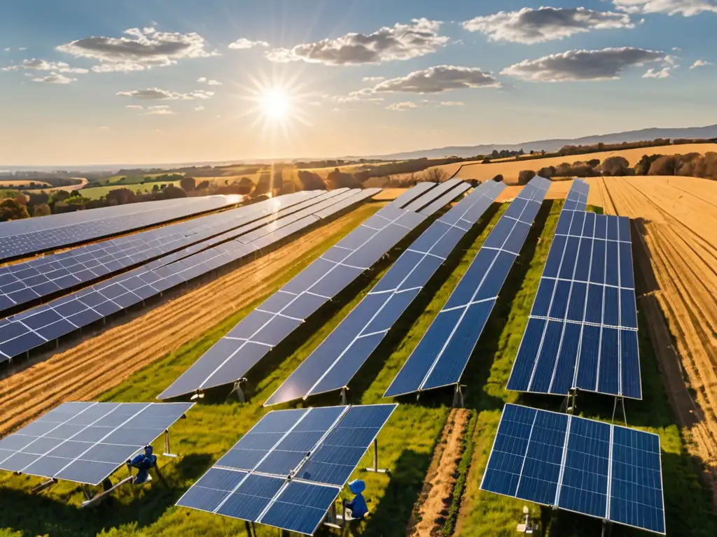 Un paisaje solar dorado con paneles infinitos reflejando el cielo azul, resaltando la importancia de los subsidios energía limpia