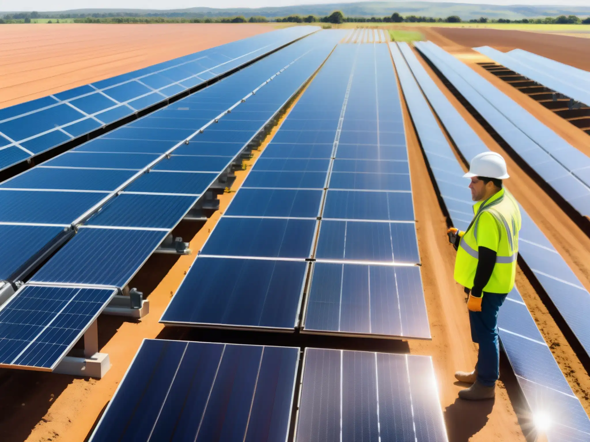 Un paisaje solar extenso con trabajadores inspeccionando paneles, reflejando progreso e impacto global leyes energías renovables