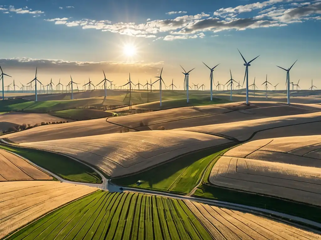 Un paisaje solar con molinos de viento que transforman industrias energéticas por leyes cambio climático, proyectando sombras dinámicas en las colinas