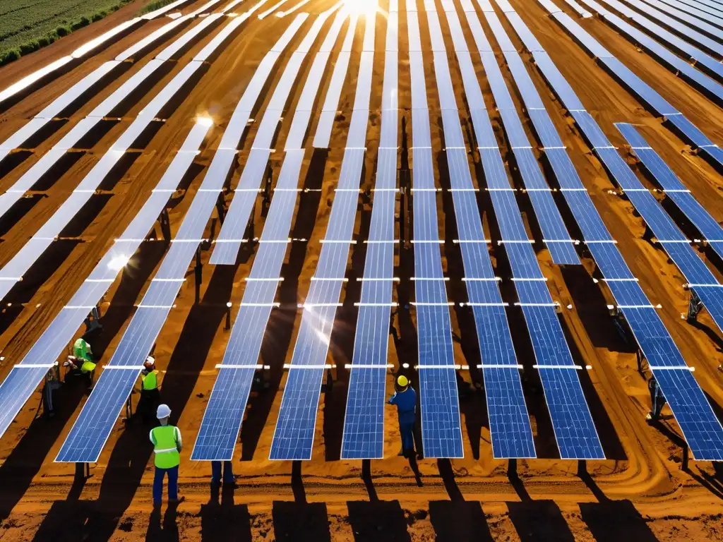 Un paisaje solar radiante con paneles brillantes y trabajadores expertos, transmitiendo progreso en el derecho ambiental para energías renovables