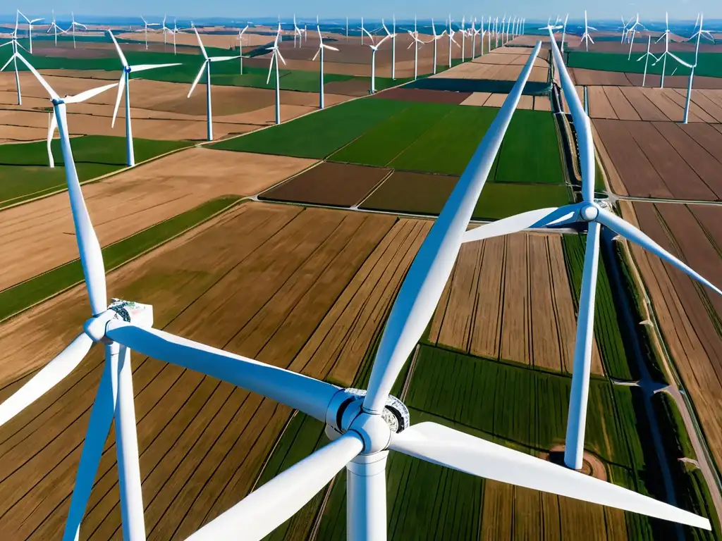 Un paisaje soleado y expansivo con modernos aerogeneradores en movimiento