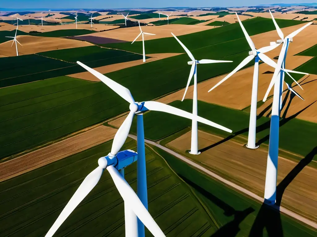 Un paisaje soleado con un vasto parque eólico, destacando la belleza y poder de la energía eólica y su marco legal de mitigación