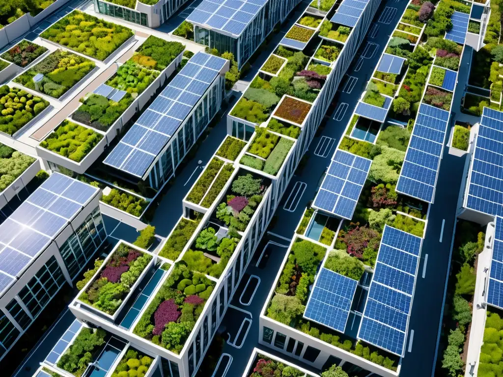 Un paisaje urbano moderno con edificios energéticamente eficientes, paneles solares, turbinas eólicas y techos verdes