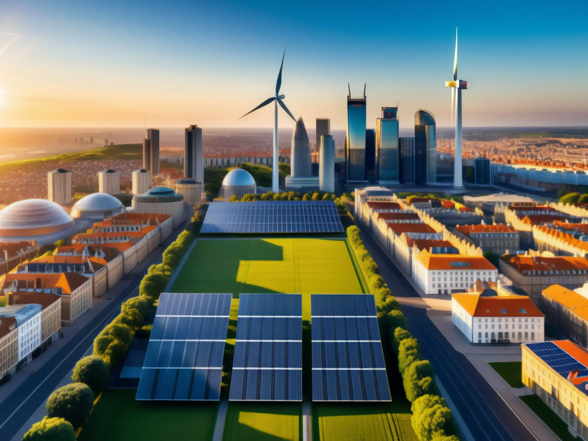 Panorama urbano: armonía renovable y moderna Un paisaje urbano, moderno y sostenible con energías renovables integradas