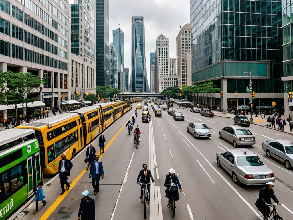 Un paisaje urbano con rascacielos y actividad constante, mostrando el impacto de leyes de cambio climático en la inversión extranjera