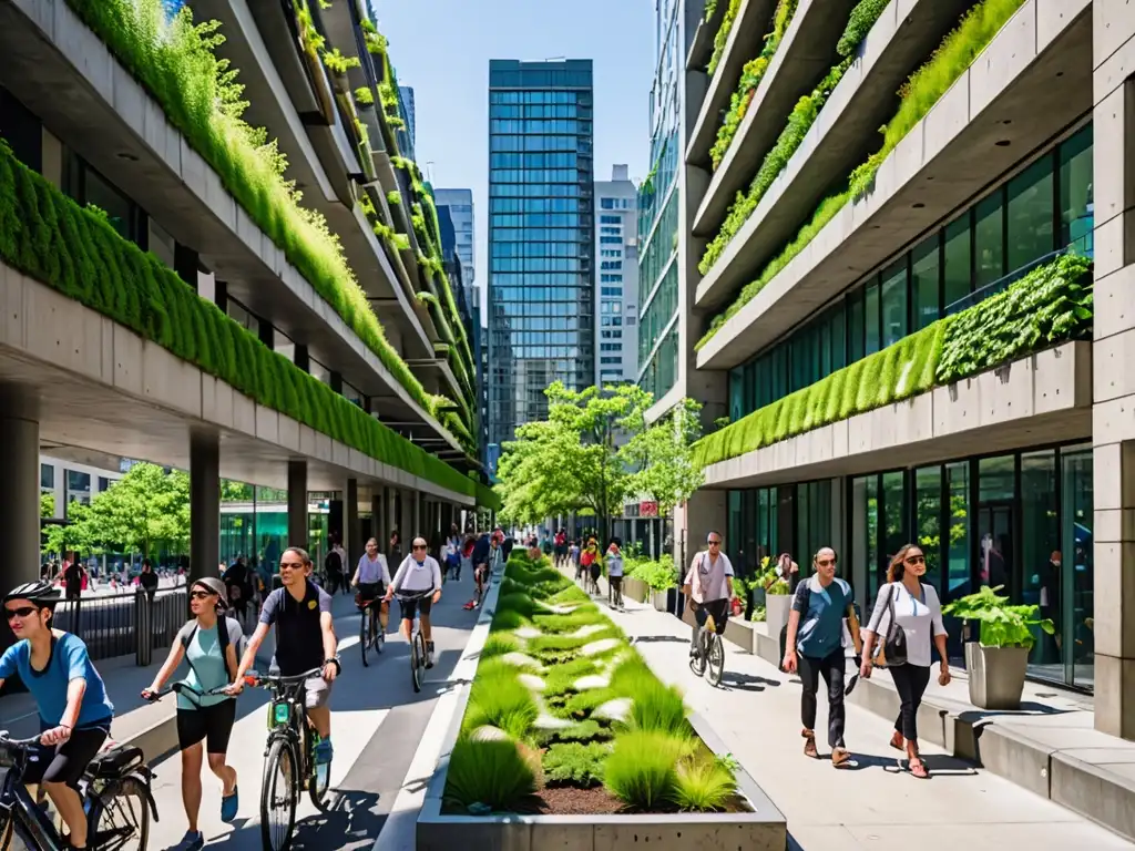 Un paisaje urbano vibrante con soluciones legales para la calidad del aire urbano, donde la naturaleza se integra en la ciudad