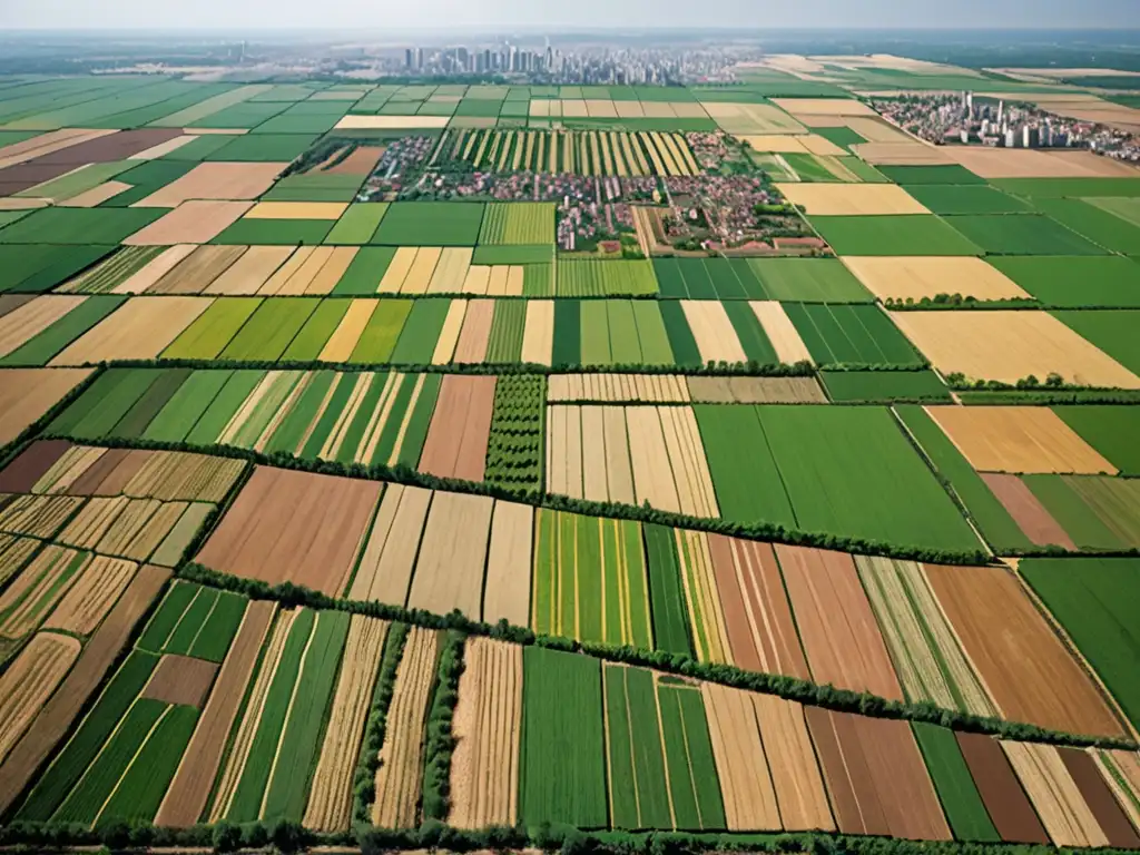 Un paisaje vasto con campos agrícolas, bosques y zonas urbanas, resalta la tensión entre la expansión urbana y el uso agrícola del suelo