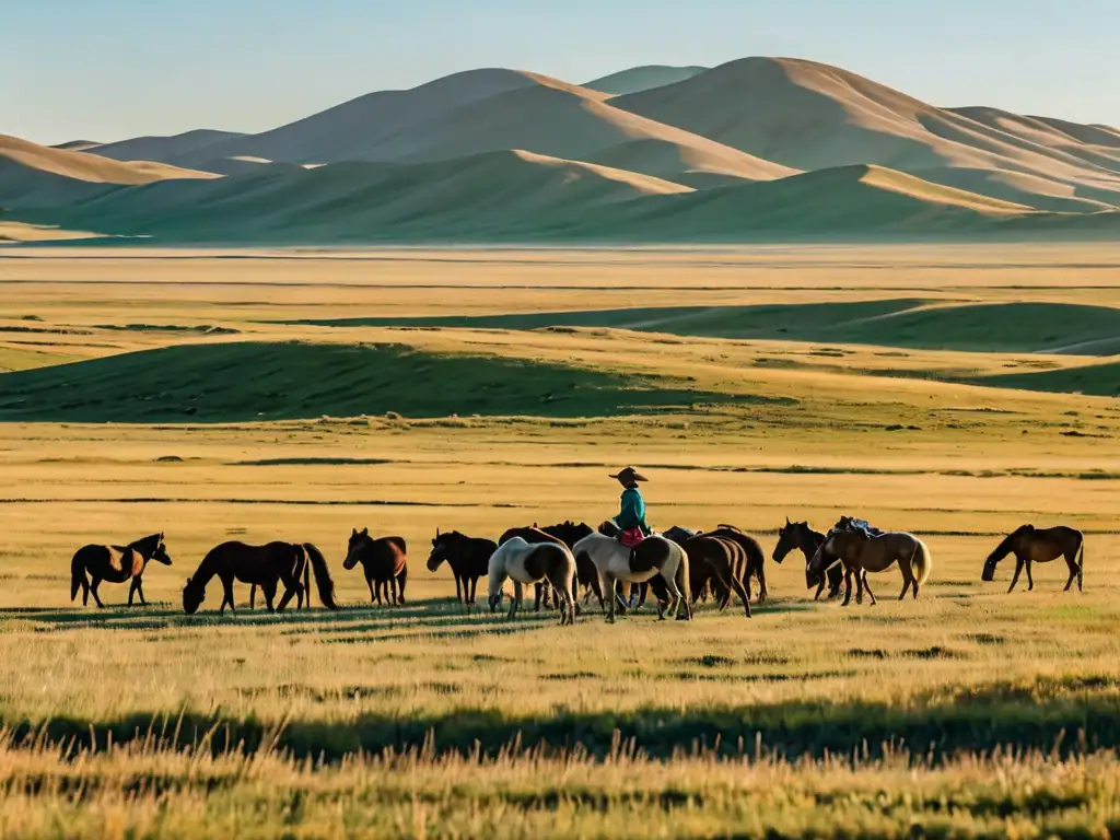 Un paisaje vasto de la estepa mongol, donde pastorean animales y se vislumbran montañas