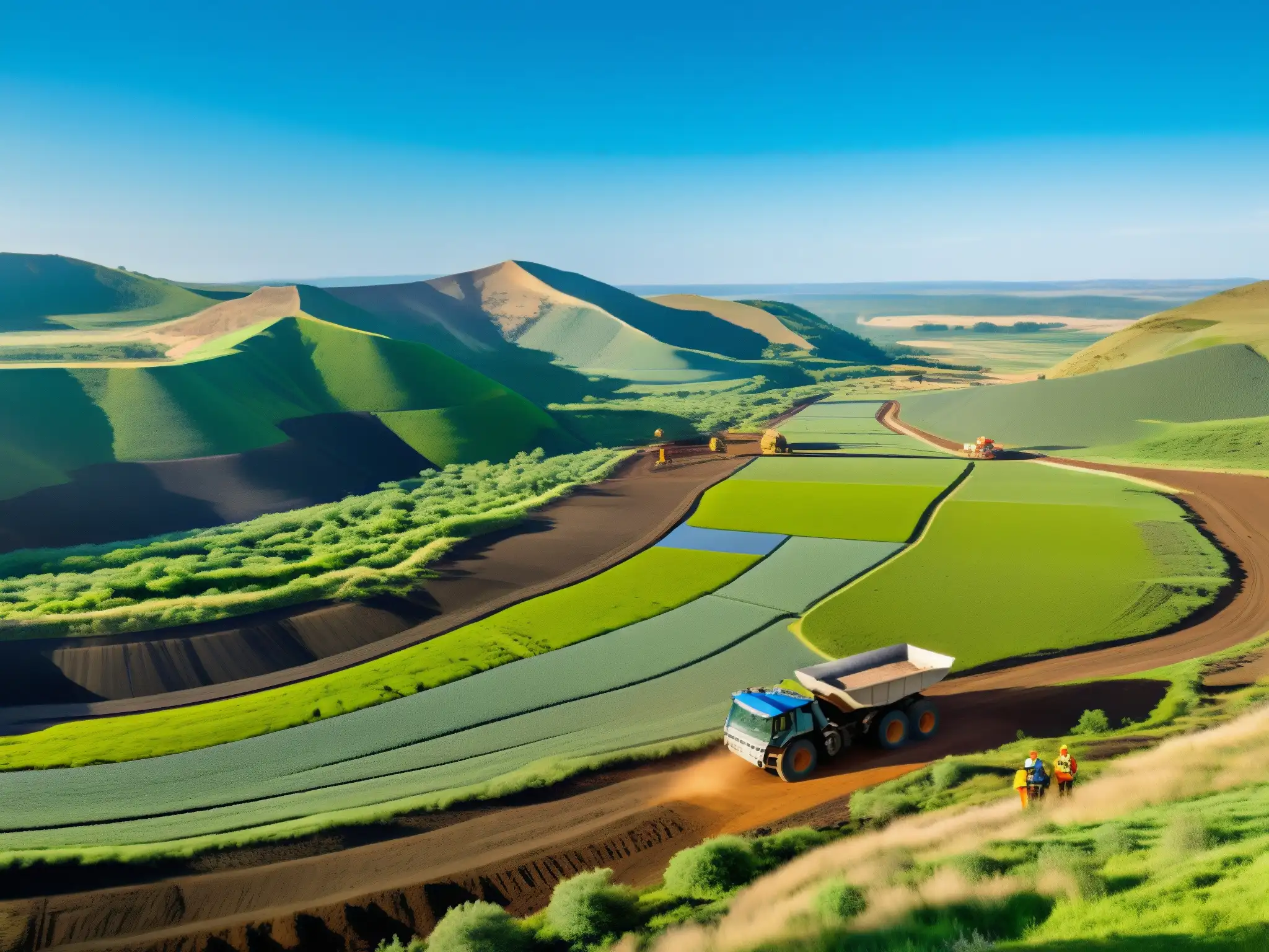 Un paisaje verde exuberante con colinas y un cielo azul claro, donde conviven armoniosamente la naturaleza y la actividad minera responsable