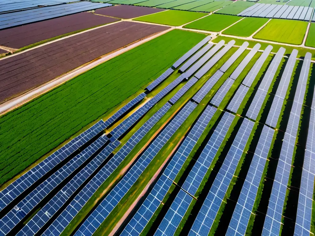 Un paisaje verde exuberante con paneles solares, destacando la intersección entre sostenibilidad ambiental e innovación tecnológica