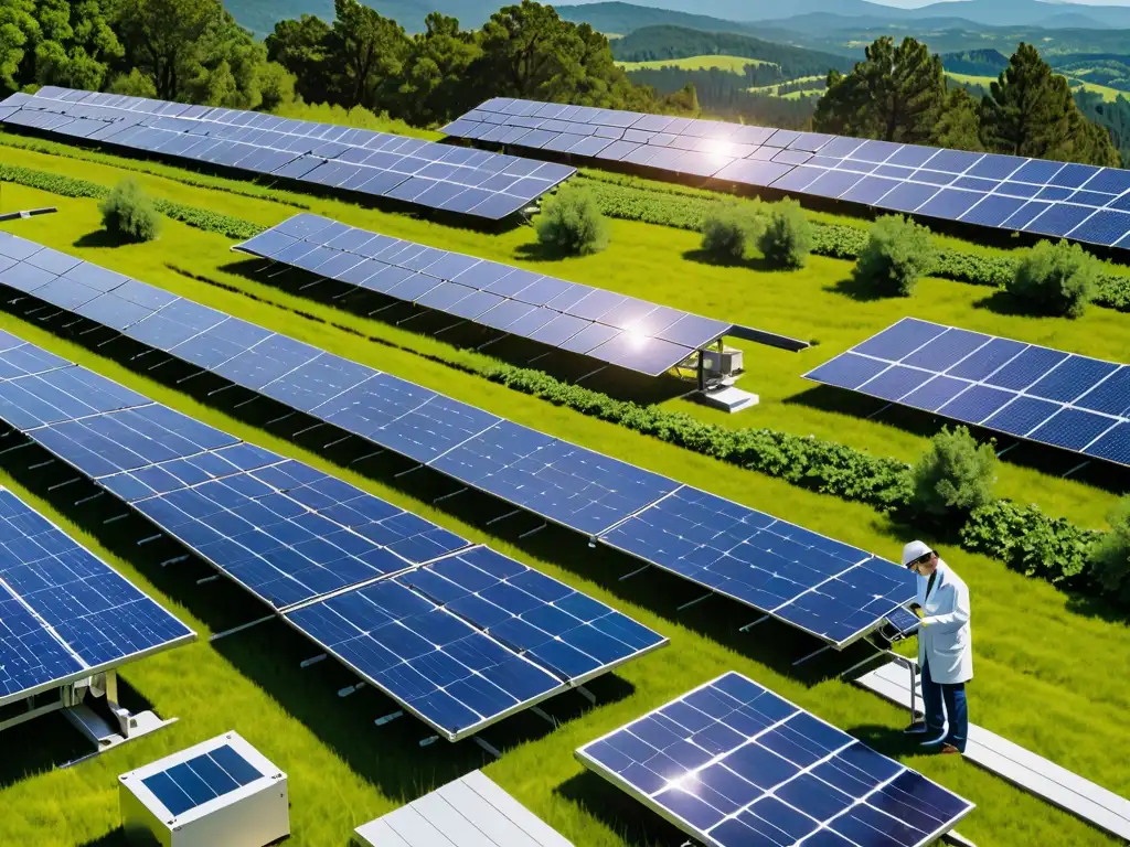 Un paisaje verde con paneles solares futuristas de nanotecnología