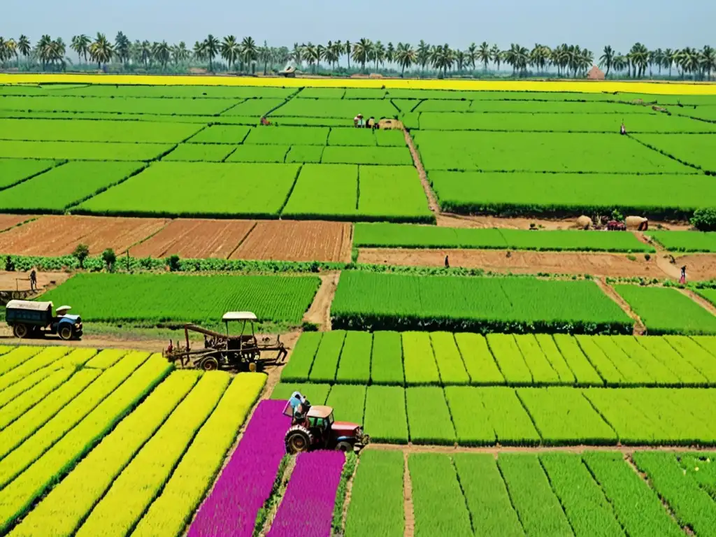 Un paisaje vibrante de campos verdes extensos, agricultores trabajando y un cielo azul claro