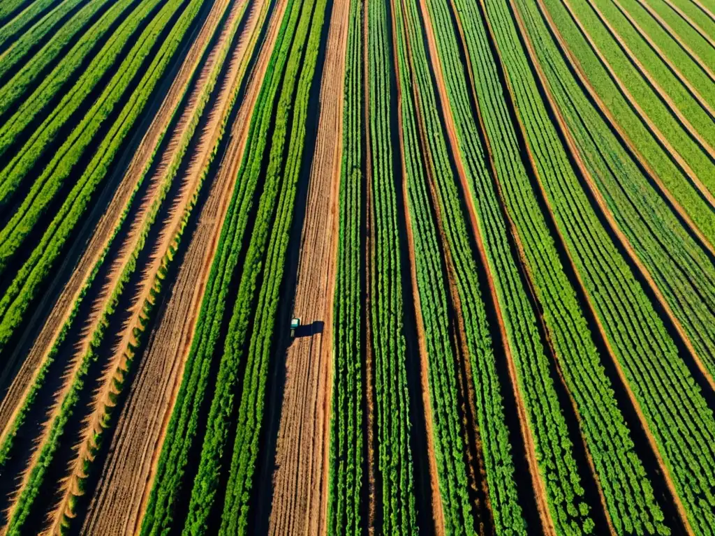 Un paisaje agrícola verde vibrante con cultivos que se extienden hacia el horizonte, mientras turbinas eólicas giran en armonía