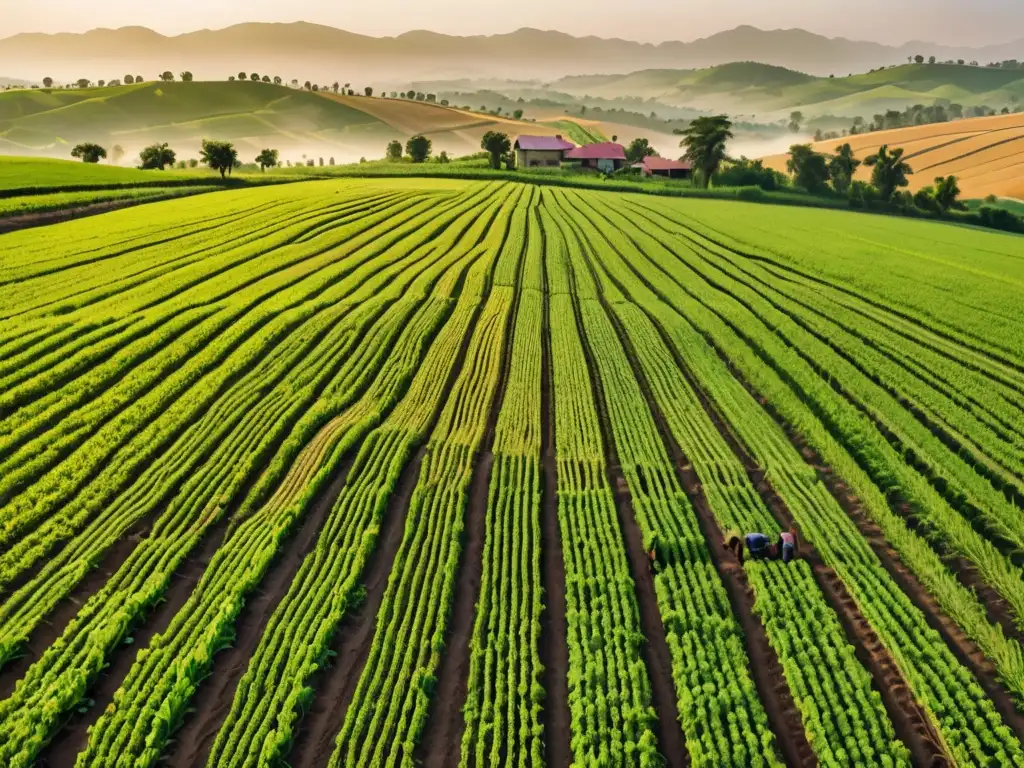 Panorama agrícola sostenible: colores y patrones de la naturaleza Un paisaje agrícola vibrante y sostenible, con campos bañados por el sol