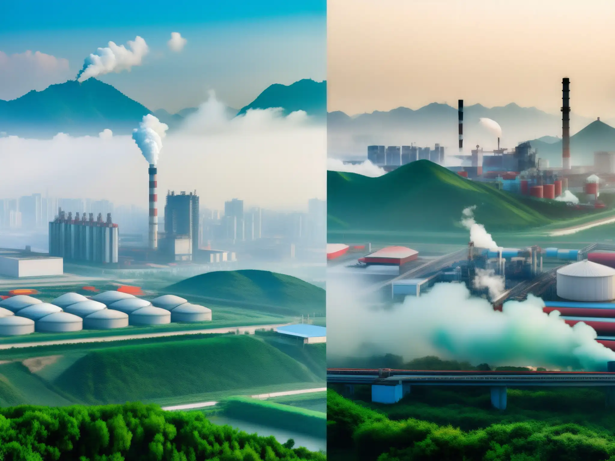 Comparación de paisajes industriales en China y otros países asiáticos, destacando la importancia de la Ley de Protección Ambiental de China