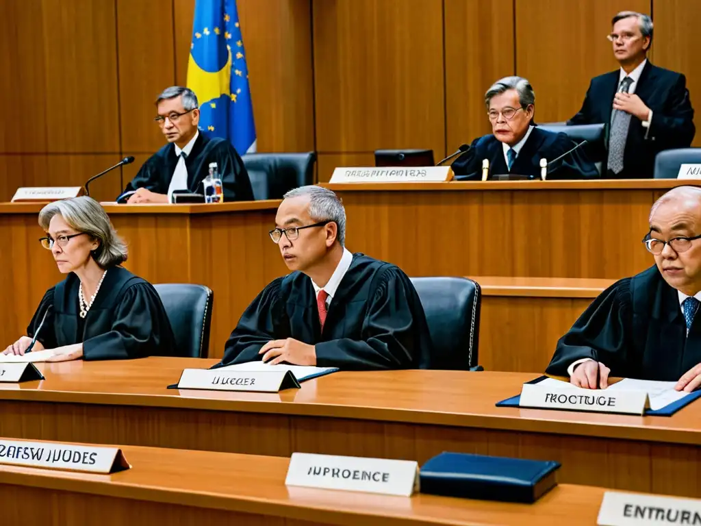 Panel de jueces internacionales aplicando tratados ambientales en la corte, destacando la seriedad y solemnidad de sus deliberaciones